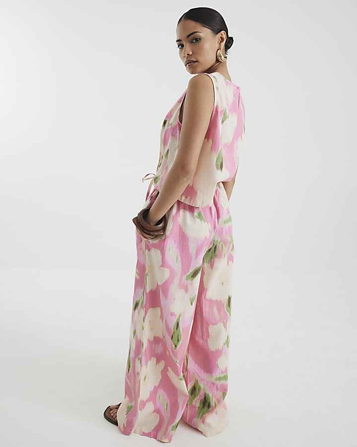 Petite Pink Floral Linen Blend Trousers
