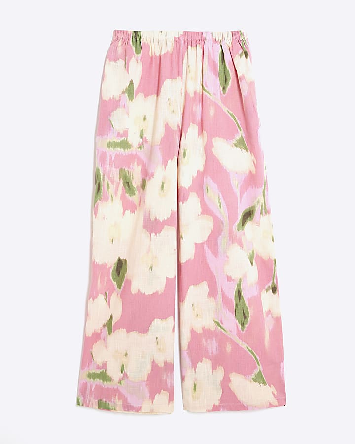 Petite Pink Floral Linen Blend Trousers