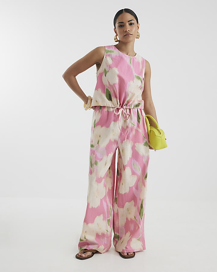 Petite Pink Floral Linen Blend Trousers