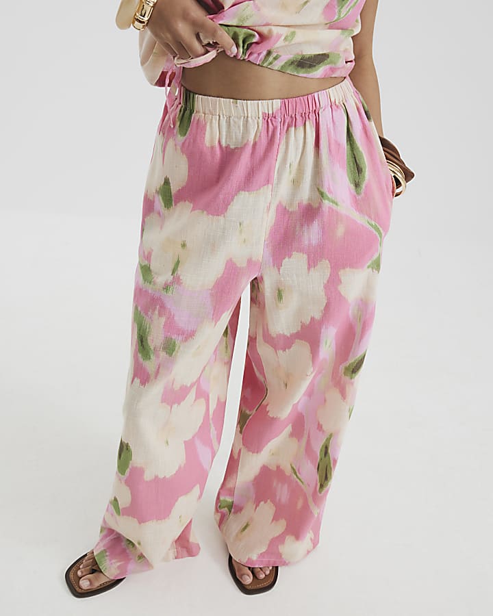 Petite Pink Floral Linen Blend Trousers