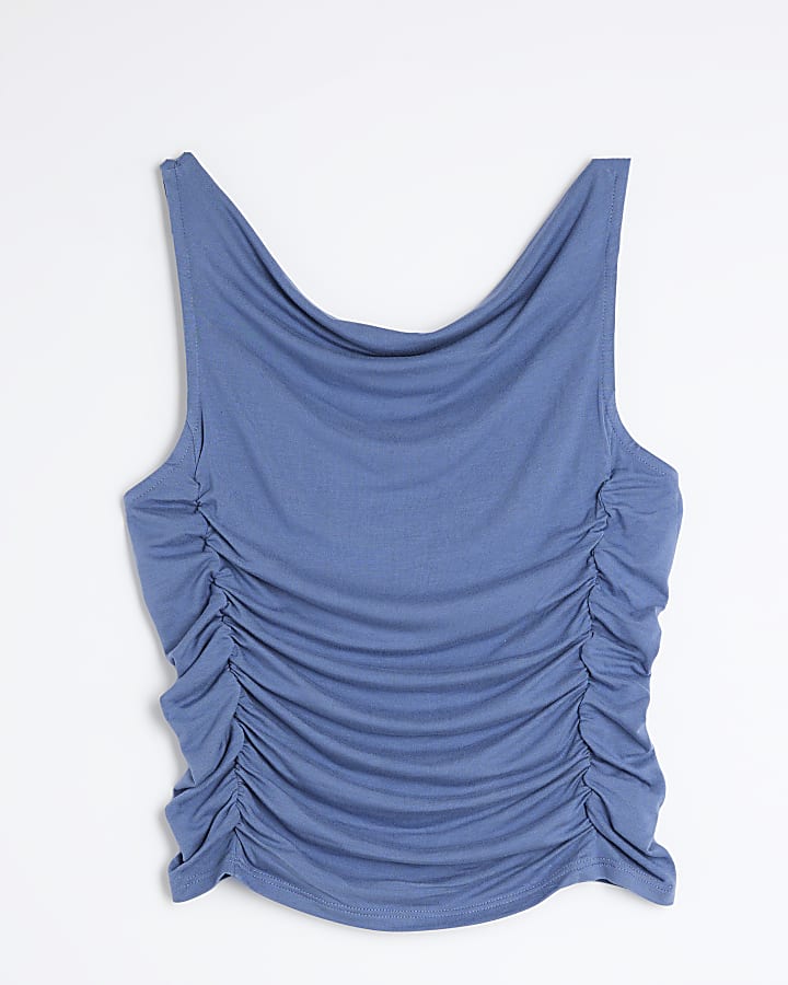 Blue Sleeveless Gathered Drape Tank Top