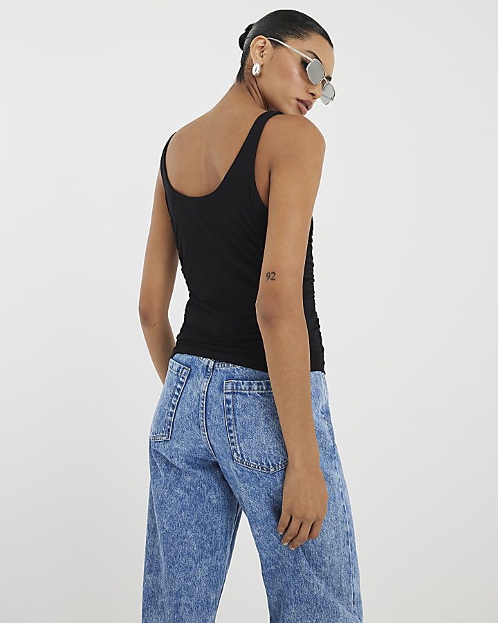 Black Sleeveless Gathered Drape Tank Tap