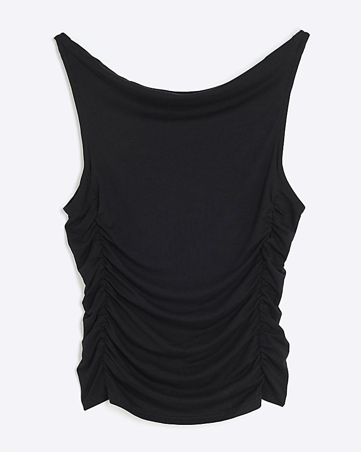 Black Sleeveless Gathered Drape Tank Tap