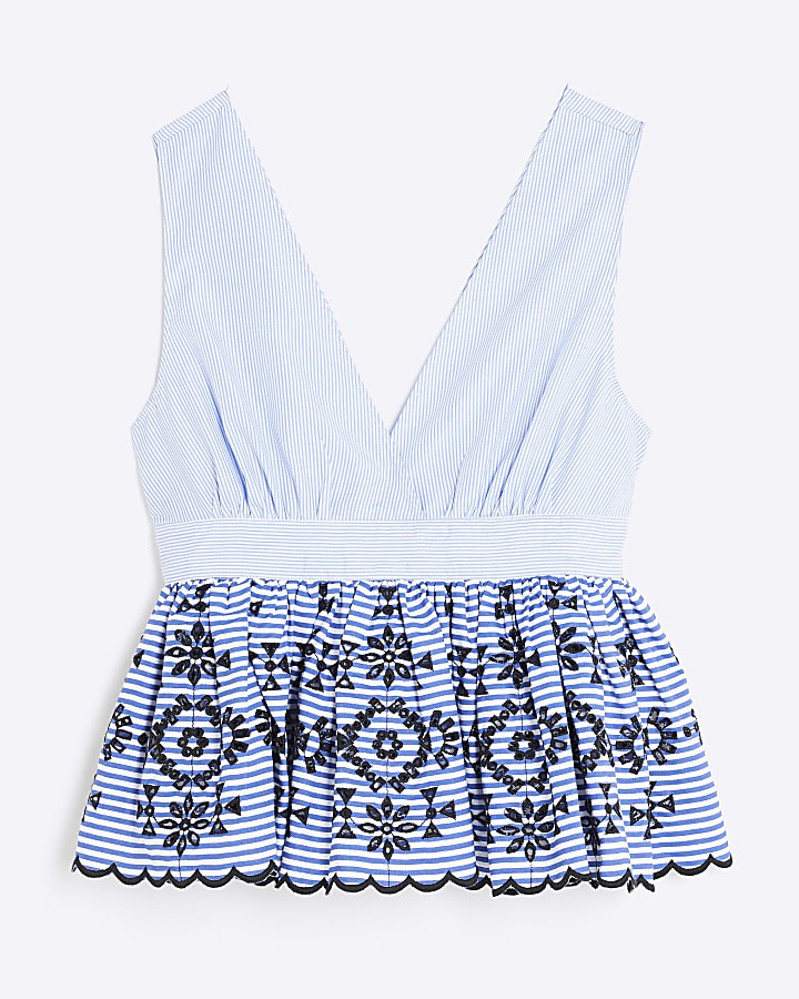 Petite Blue Stripe Sleeveless Embroidered Top