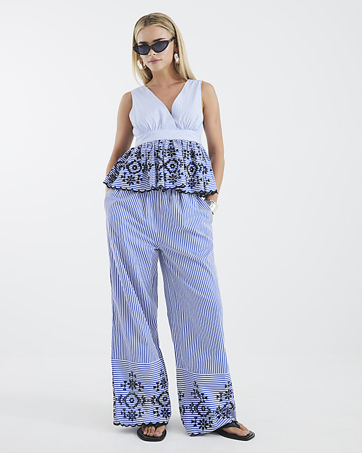 Petite Blue Stripe Sleeveless Embroidered Top