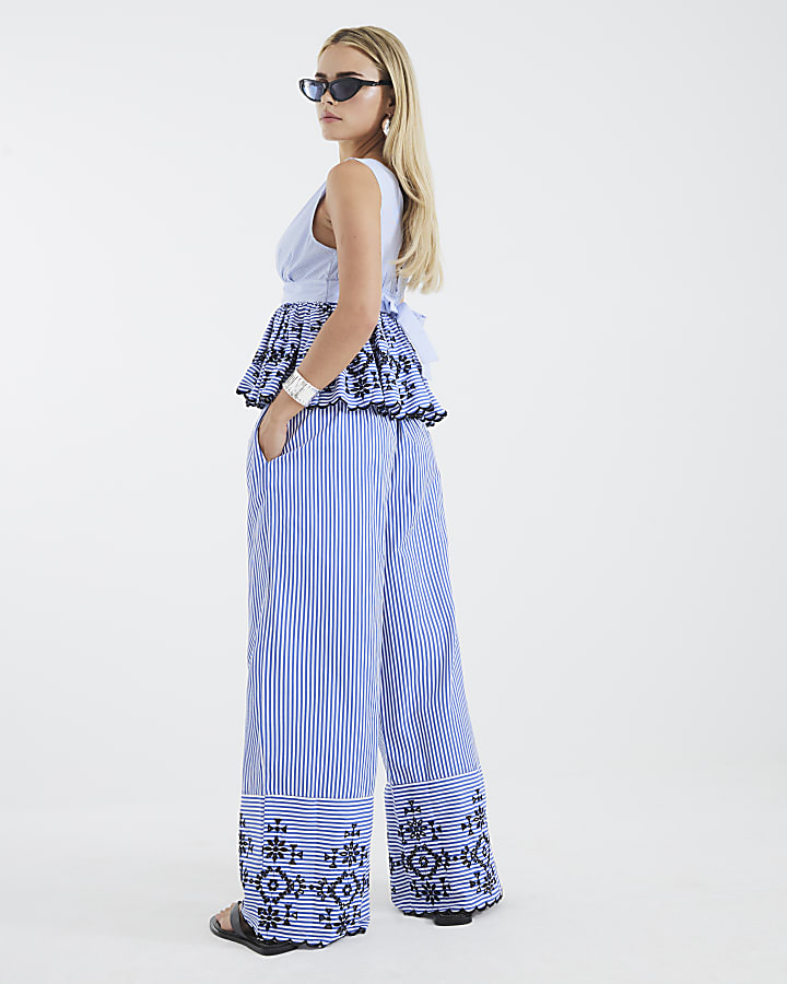 Petite Blue Stripe Cutwork Wide Leg Trousers