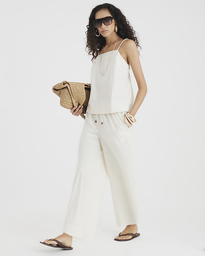 Cream Cotton Poplin Cropped Wide Leg Trousers