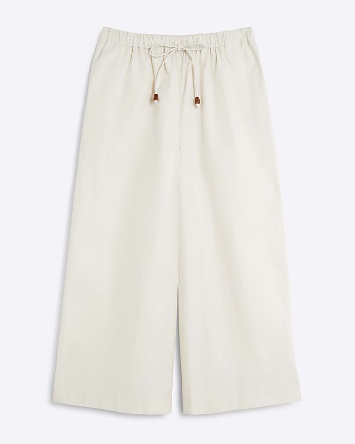 Cream Cotton Poplin Cropped Wide Leg Trousers