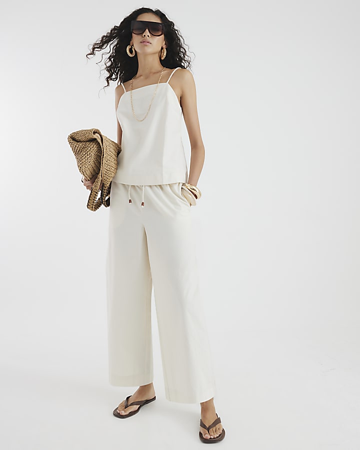 Cream Cotton Poplin Cropped Wide Leg Trousers