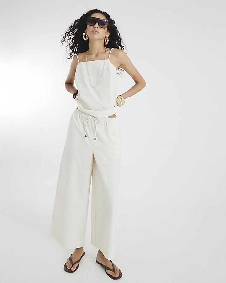 Cream Cotton Poplin Cropped Wide Leg Trousers