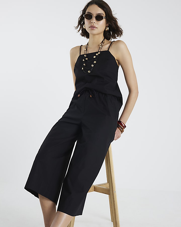 Black Cotton Poplin Cropped Wide Leg Trousers