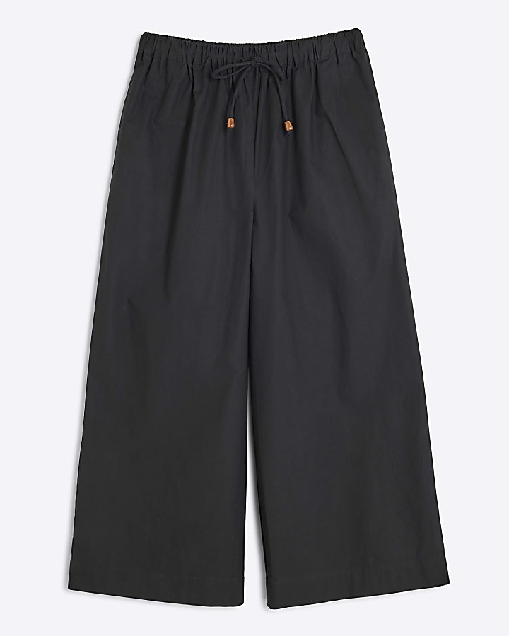 Black Cotton Poplin Cropped Wide Leg Trousers