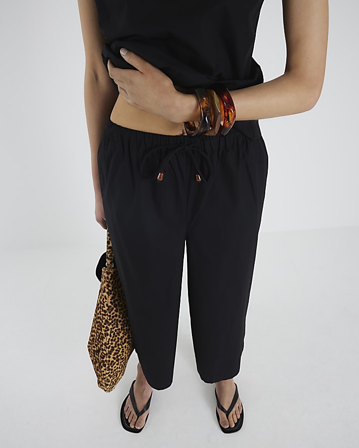 Black Cotton Poplin Cropped Wide Leg Trousers