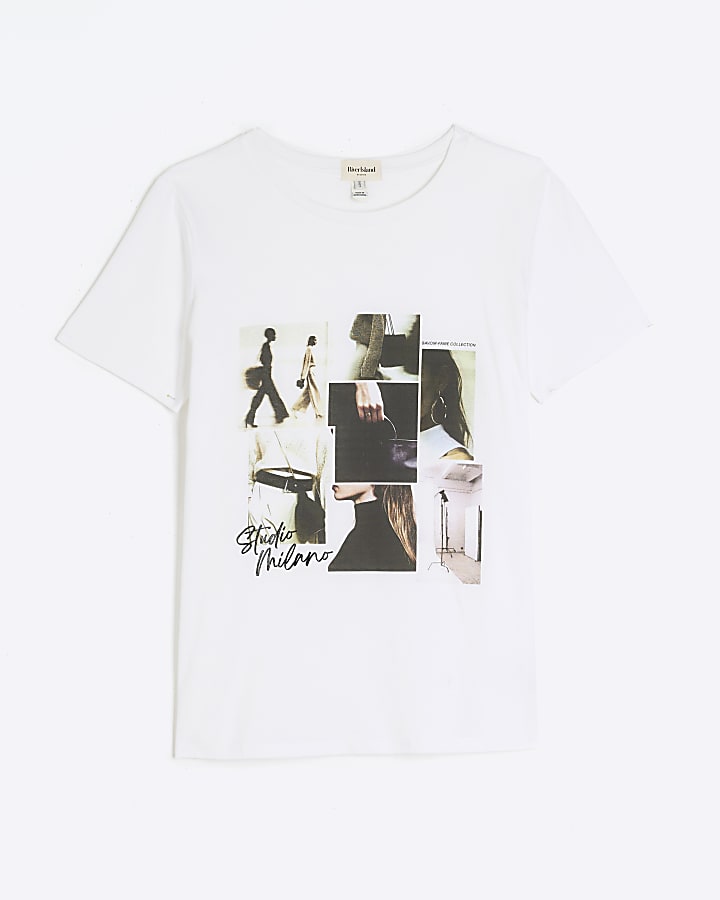 White Short Sleeve Photo Montage T-shirt