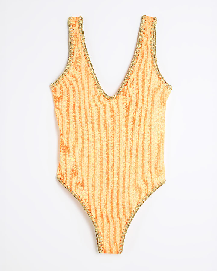 Orange Textured Plunge Neck Swimsuit