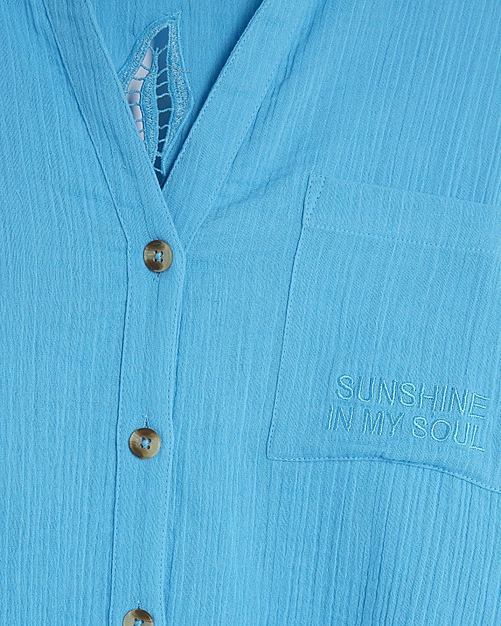 Blue Sun Embroidered Oversized Beach Shirt
