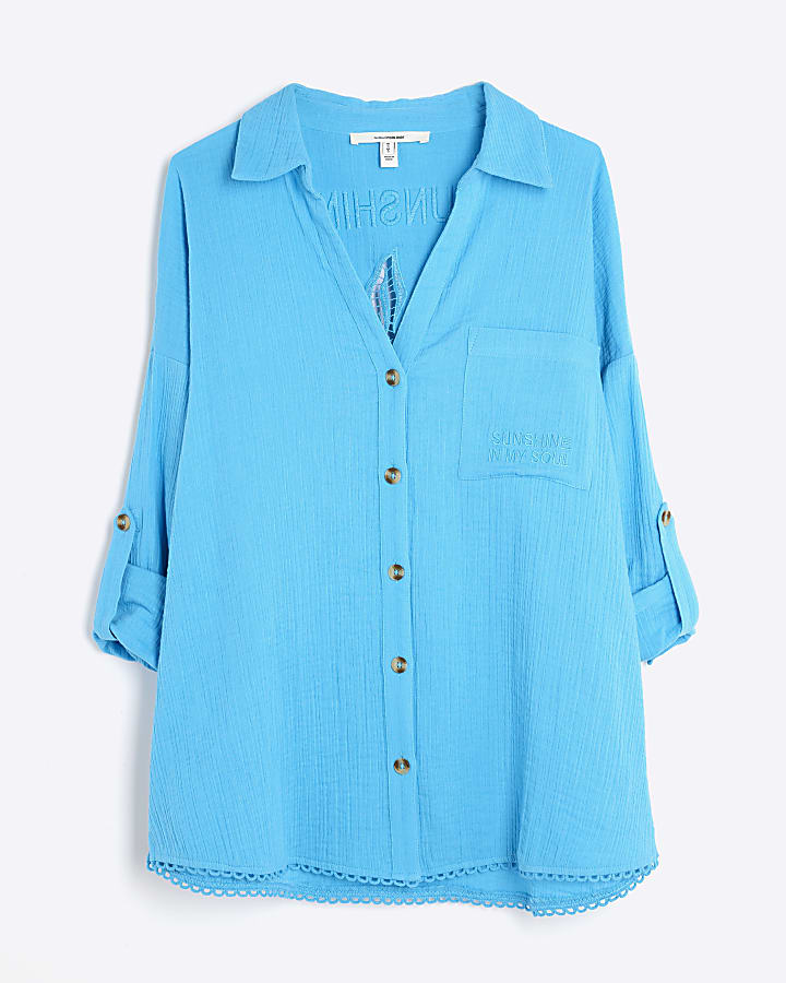 Blue Sun Embroidered Oversized Beach Shirt