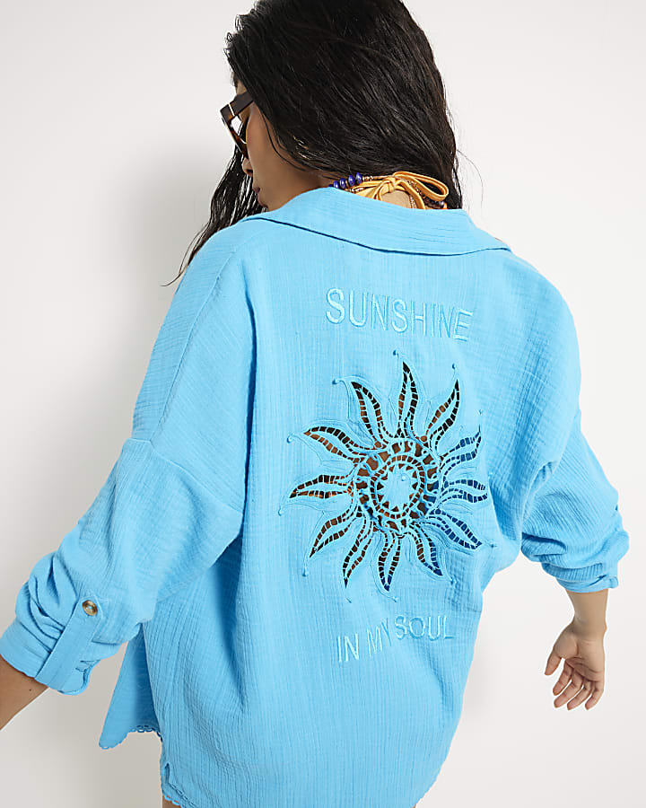 Blue Sun Embroidered Oversized Beach Shirt