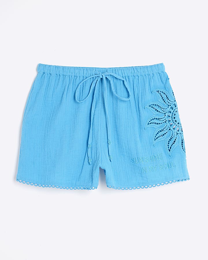 Blue Sun Embroidered Beach Shorts