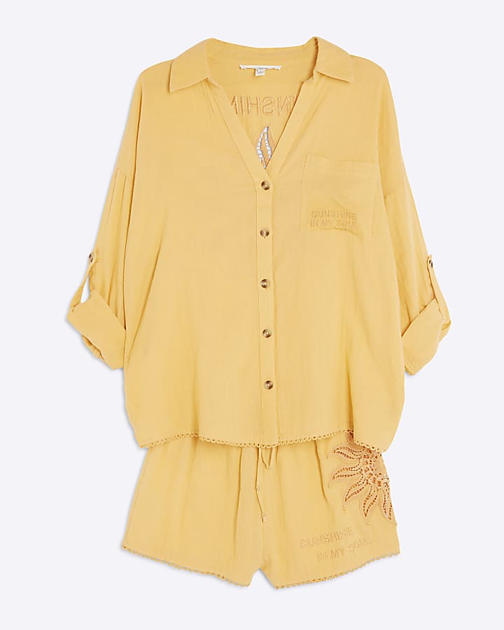 Orange Embroidered Sun Beach Shirt Set
