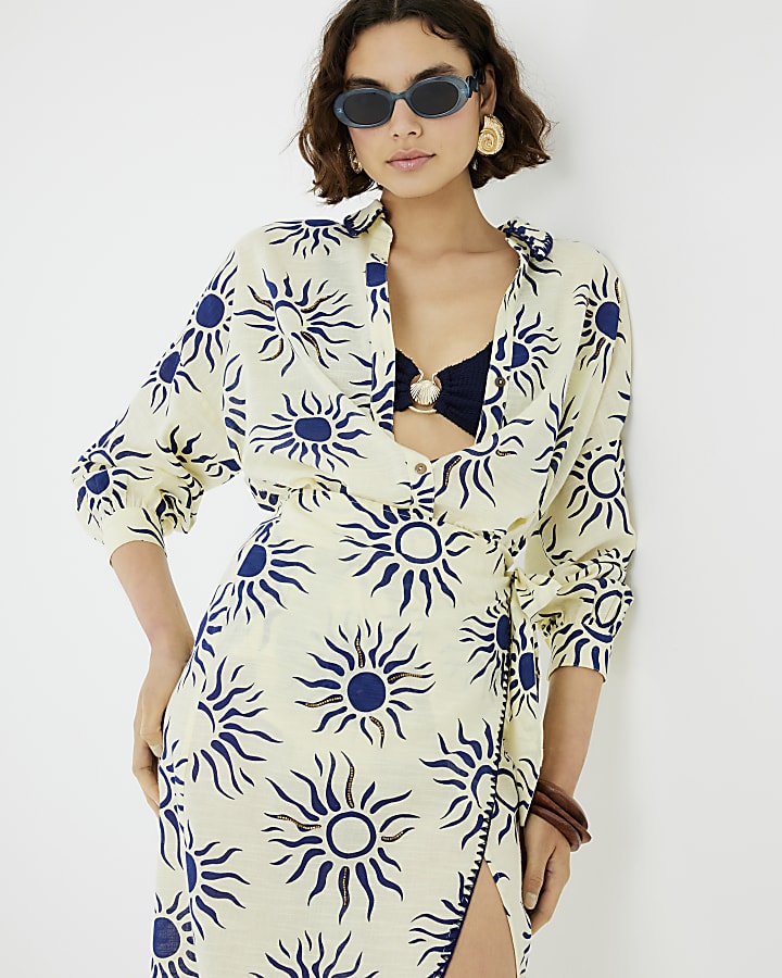Cream Sun Print Oversized Beach Shirt