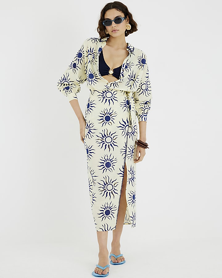 Cream Sun Print Oversized Beach Shirt