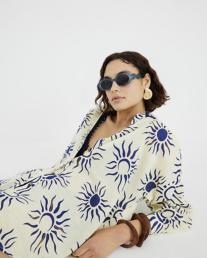 Cream Sun Print Oversized Beach Shirt