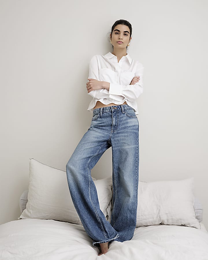 Blue High Rise Relaxed Straight Leg Jeans