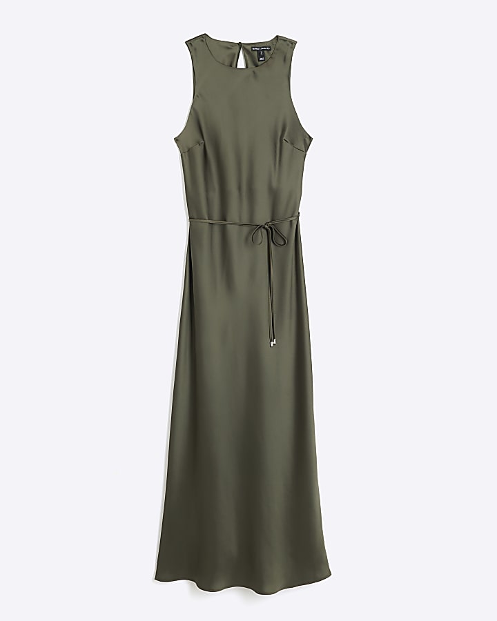 Khaki Satin Tie Slip Midi Dress