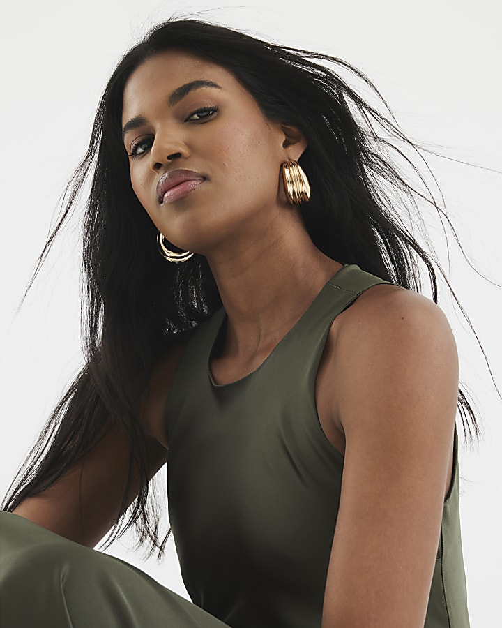 Khaki Satin Tie Slip Midi Dress