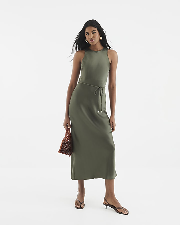 Khaki Satin Tie Slip Midi Dress