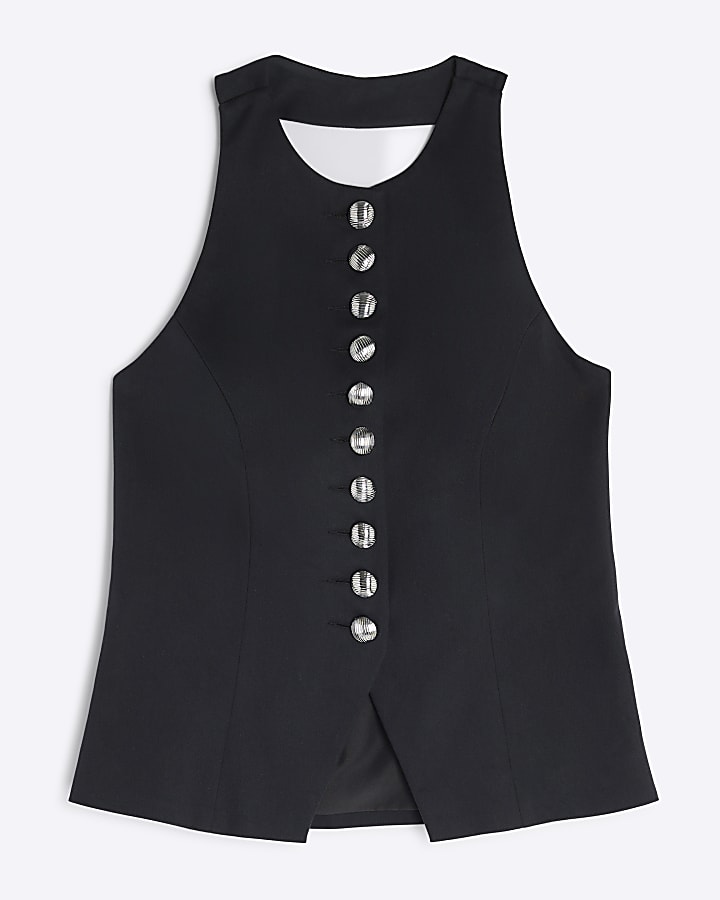 Black Halter Neck Fitted Waistcoat