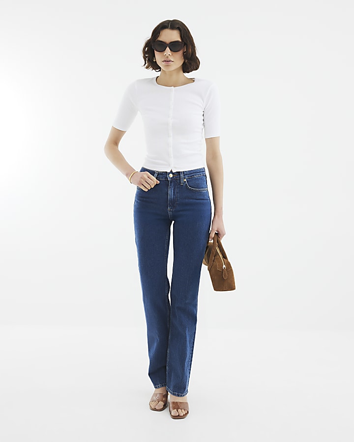 White Short Sleeve Button Through Ribbed Top
