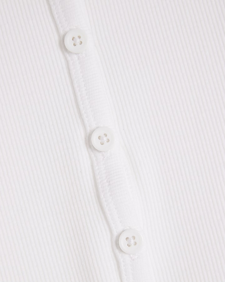 White Short Sleeve Button Through Ribbed Top