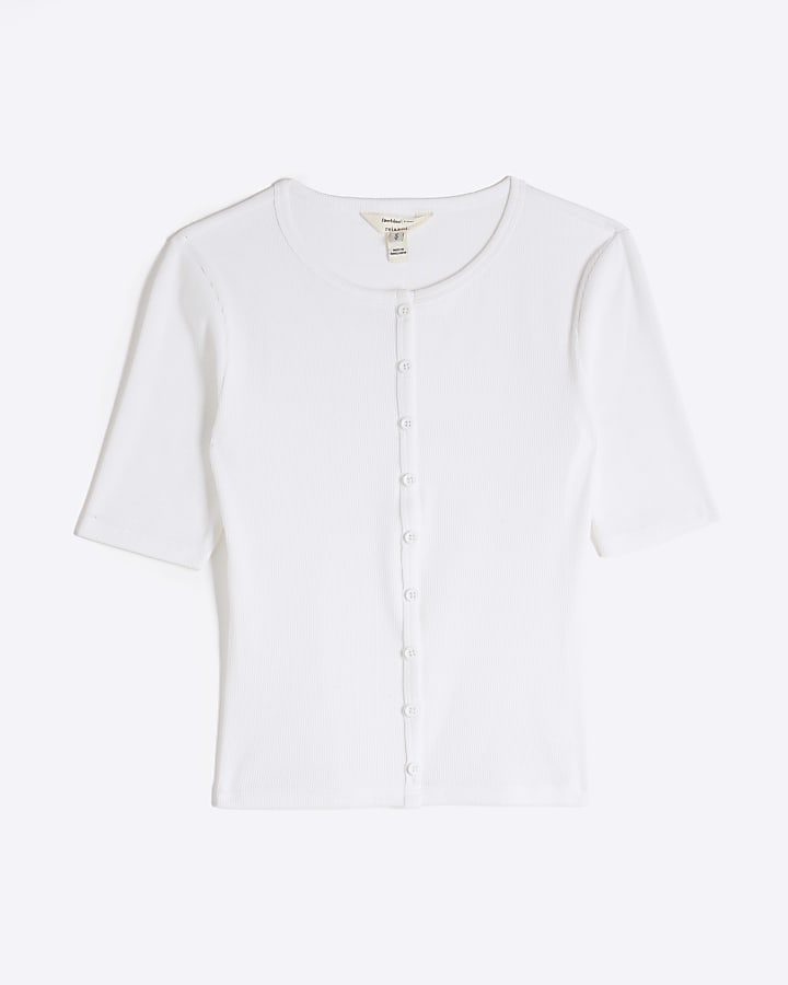 White Short Sleeve Button Through Ribbed Top