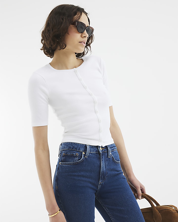 White Short Sleeve Button Through Ribbed Top