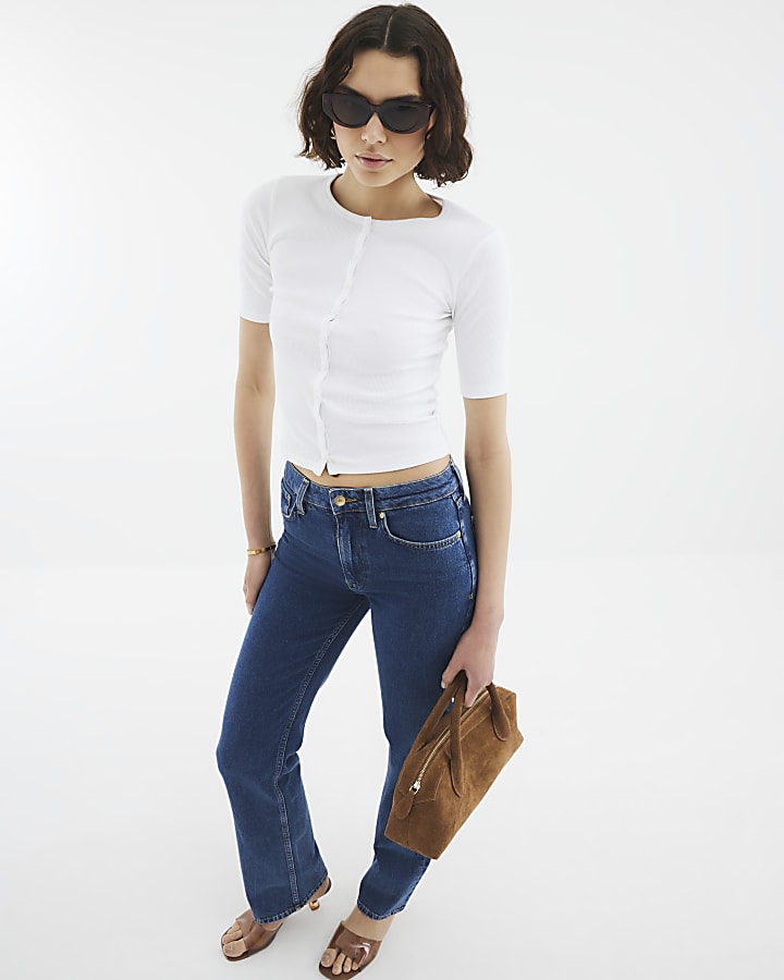 White Short Sleeve Button Through Ribbed Top