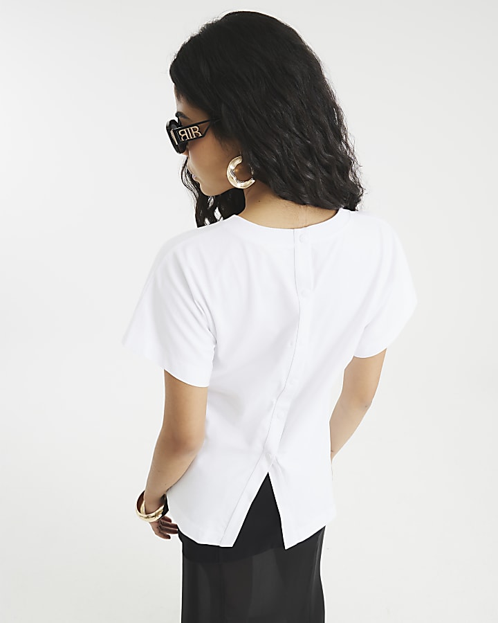 White Short Sleeve Popper Back Top