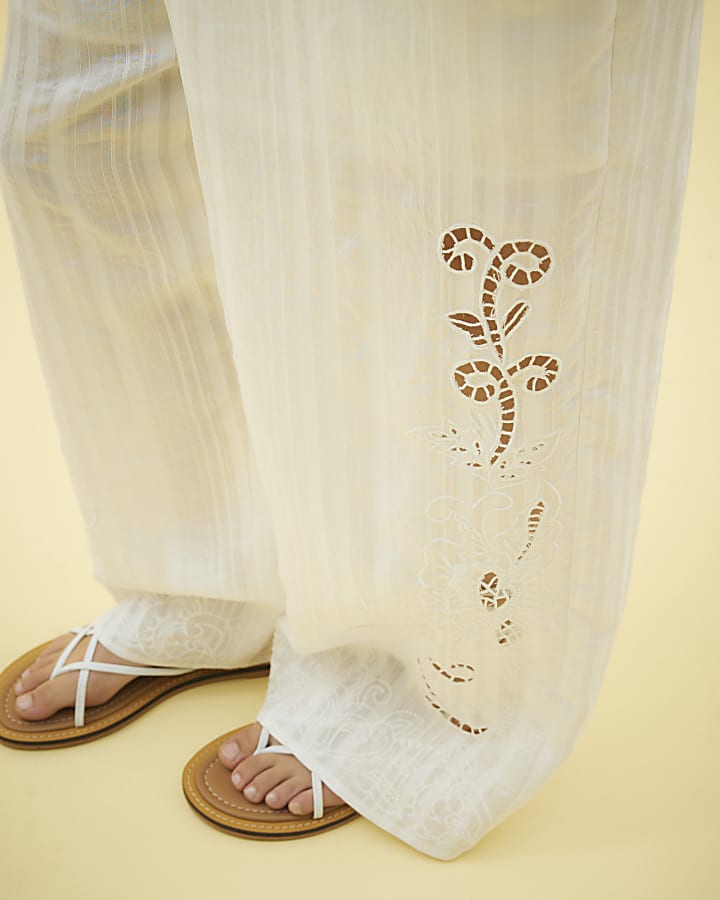 White Cutwork Wide Leg Trousers