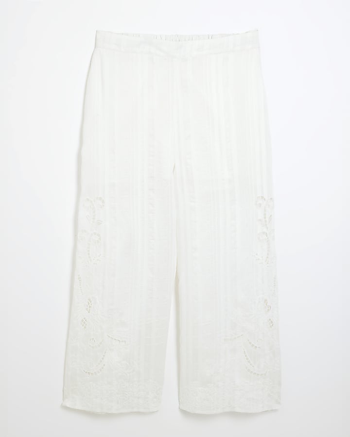 White Cutwork Wide Leg Trousers