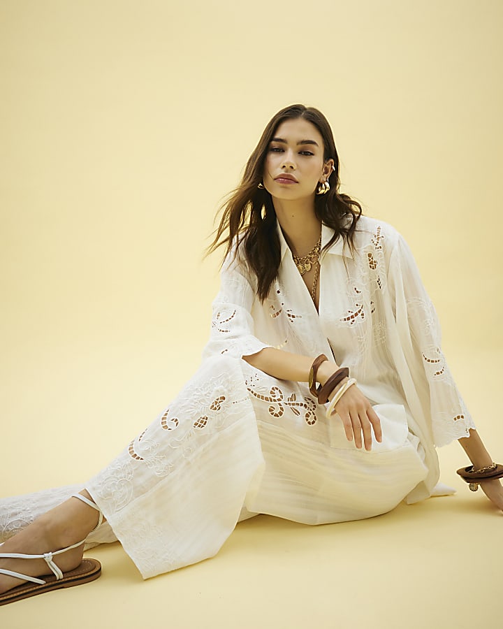 White Cutwork Wide Leg Trousers