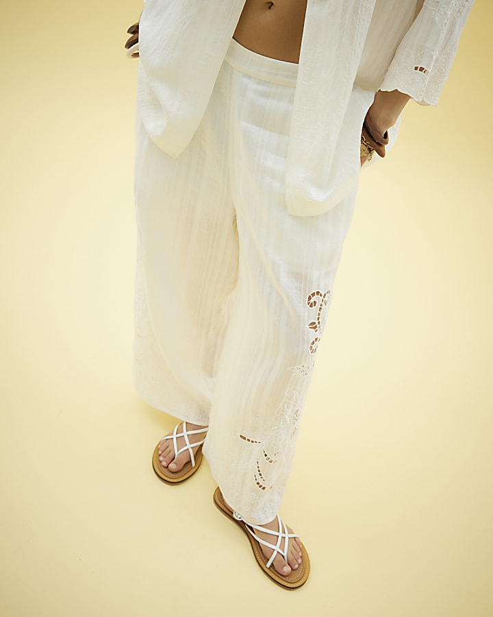 White Cutwork Wide Leg Trousers