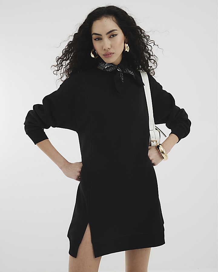 Black Split Hem Mini Sweatshirt Dress