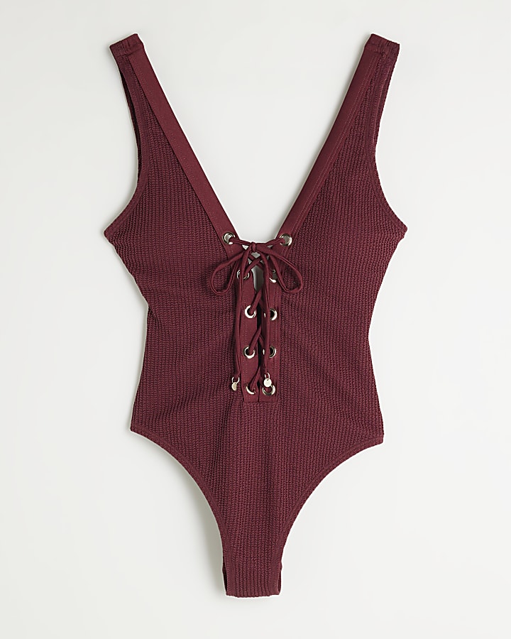 Purple Lace Up Textured Swimsuit