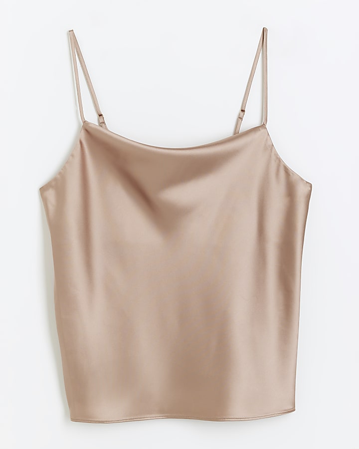 Brown Satin Cowl Neck Cami Top