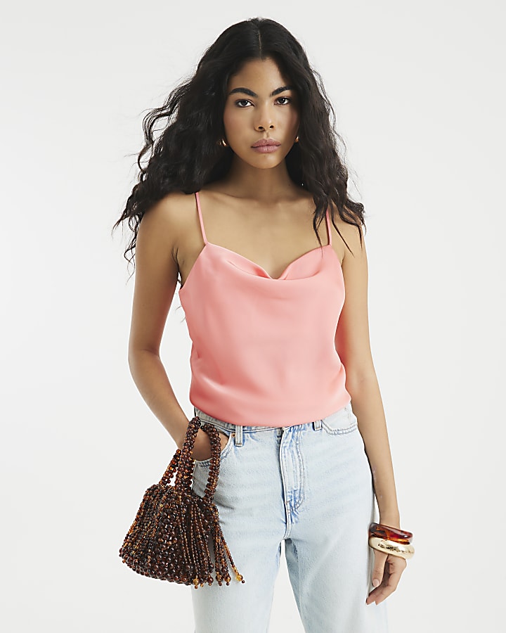 Coral Satin Cowl Neck Cami Top