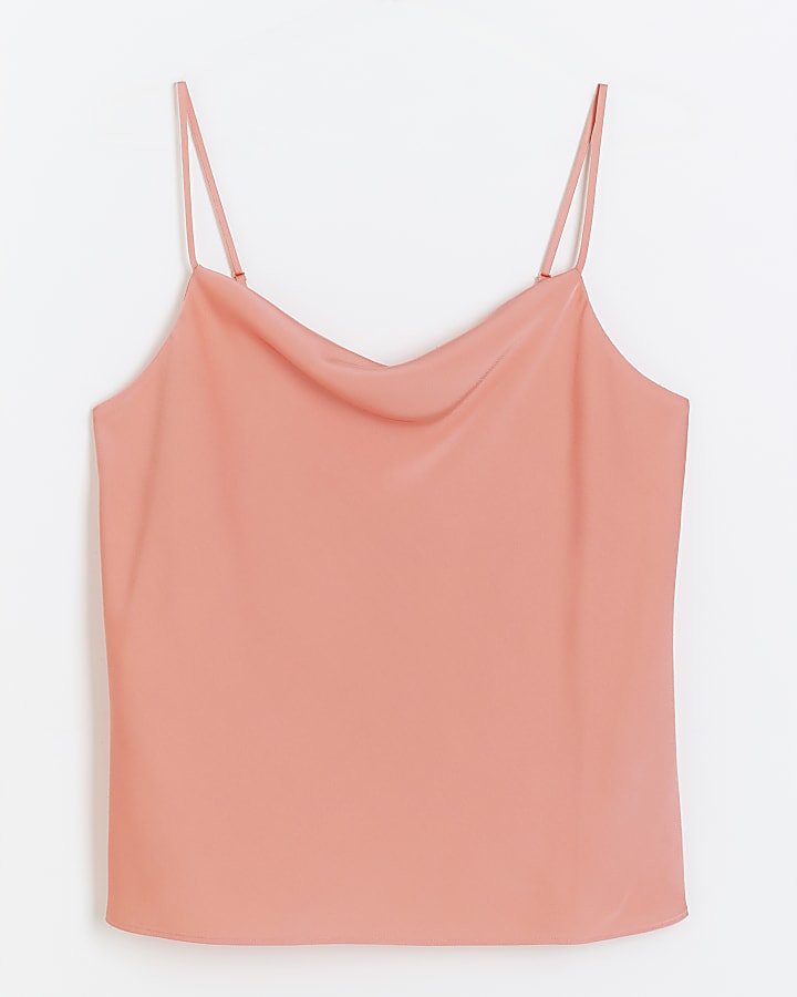 Coral Satin Cowl Neck Cami Top