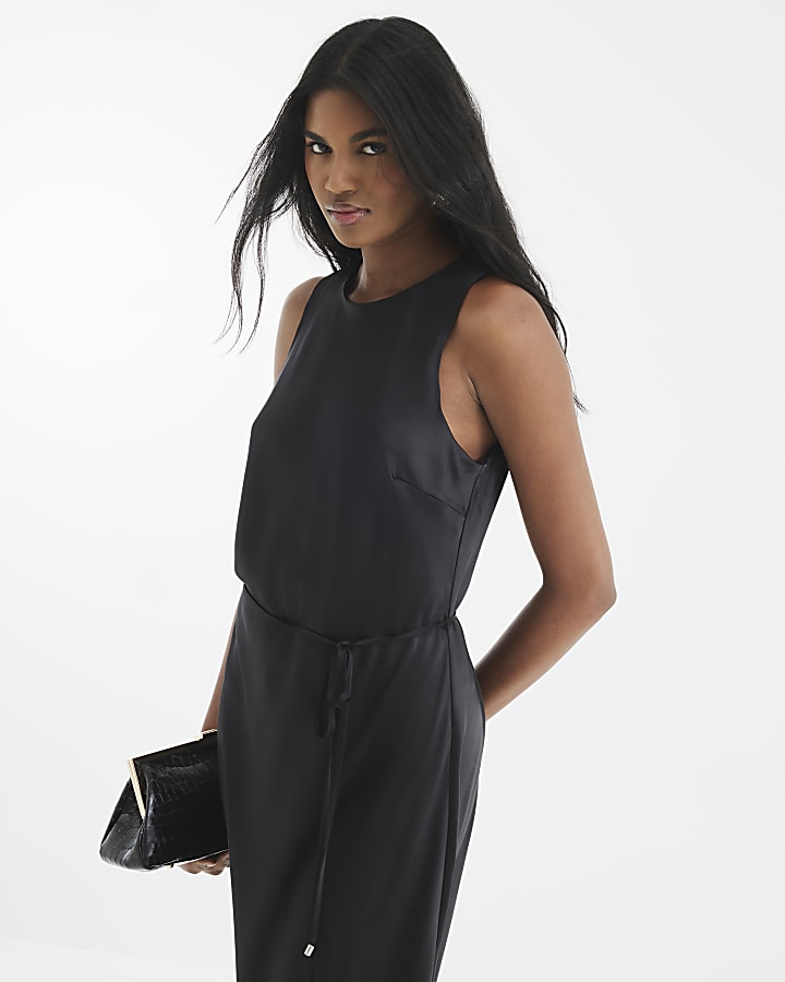 Black Satin Tie Slip Dress