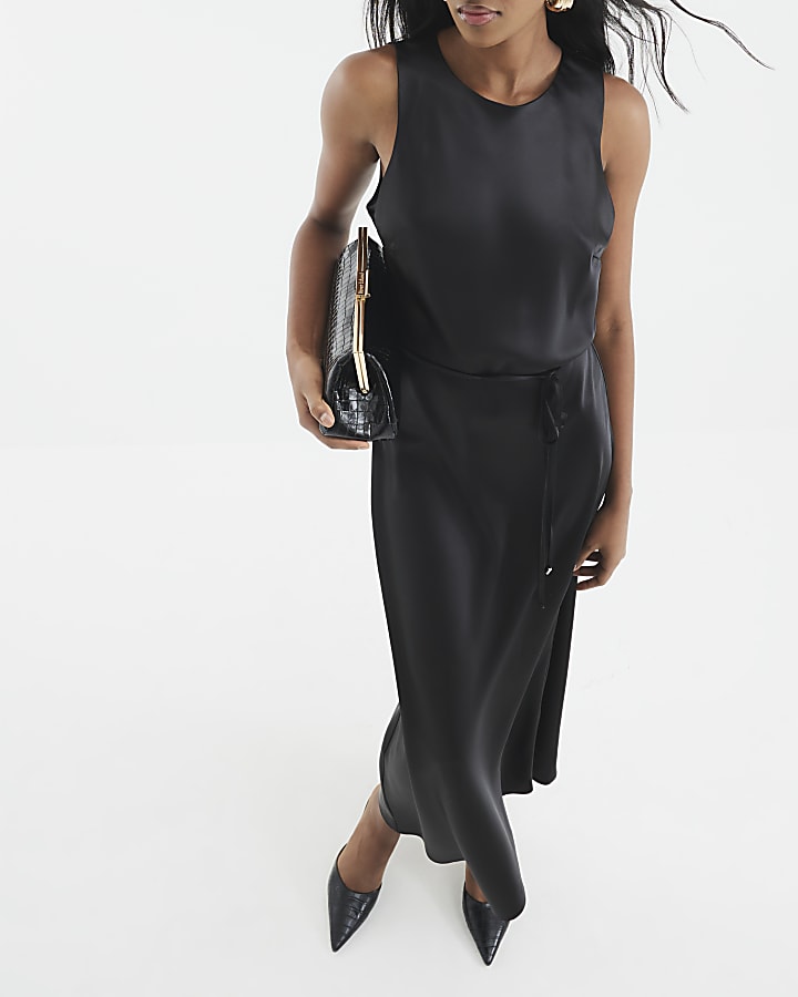 Black Satin Tie Slip Dress