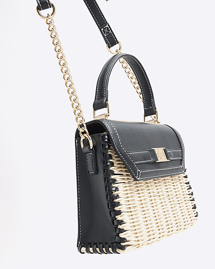 Black Mini Raffia Cross Body Tote Bag